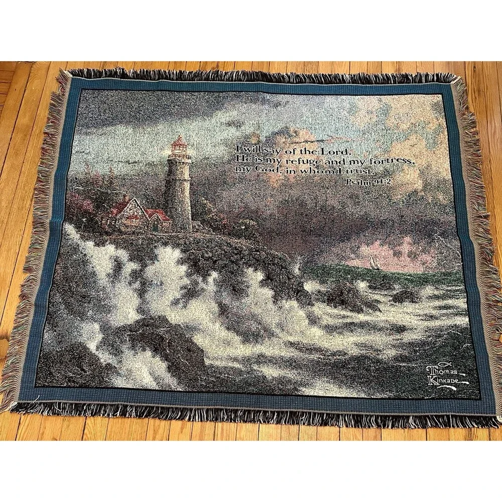 THOMAS KINKADE Throw Blanket PSALM 91:2 Lighthouse Tapestry 46”x‎ 52”